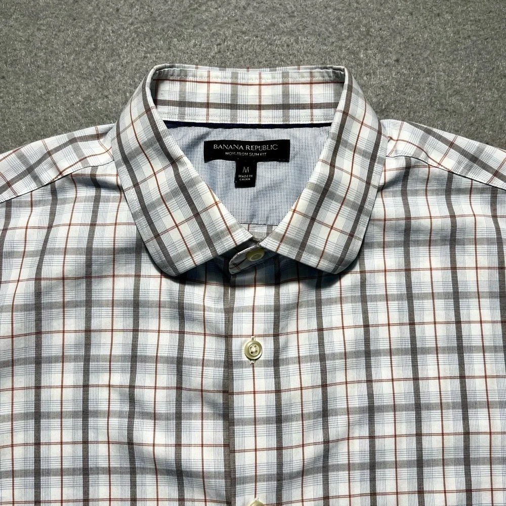 Banana Republic Men’s Medium Slim Fit Plaid Button-Up Shirt White Gray Non-Iron